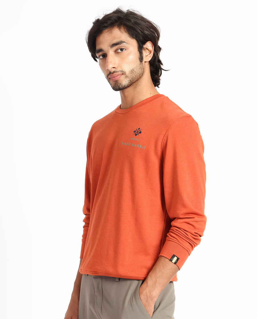 Rare Rabbit Men's Cerdon Rust Cotton Graphic Print Regular Fit Full Sleeve Crew Neck Sweatshirt