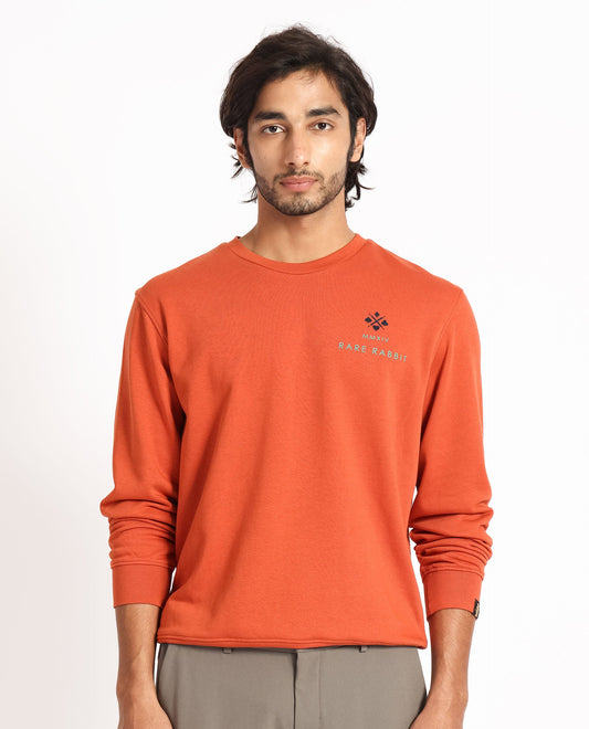Rare Rabbit Men's Cerdon Rust Cotton Graphic Print Regular Fit Full Sleeve Crew Neck Sweatshirt