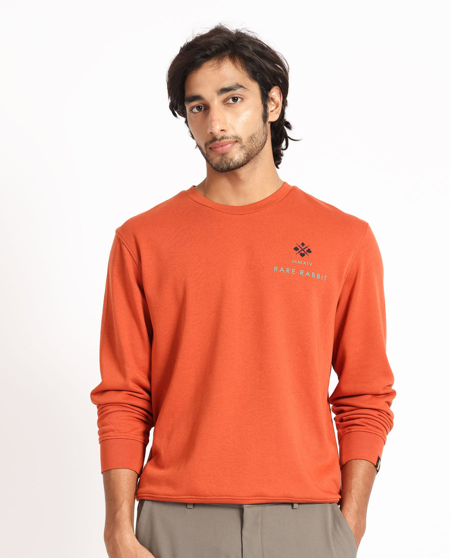 Rare Rabbit Men's Cerdon Rust Cotton Graphic Print Regular Fit Full Sleeve Crew Neck Sweatshirt