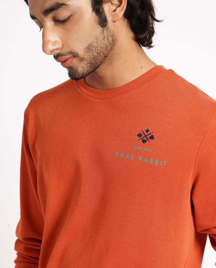 Rare Rabbit Men's Cerdon Rust Cotton Graphic Print Regular Fit Full Sleeve Crew Neck Sweatshirt