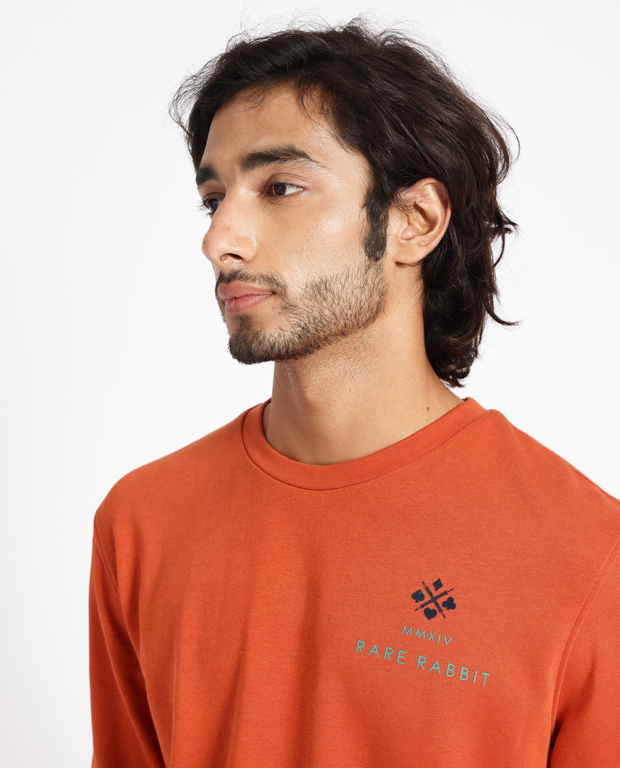 Rare Rabbit Men's Cerdon Rust Cotton Graphic Print Regular Fit Full Sleeve Crew Neck Sweatshirt