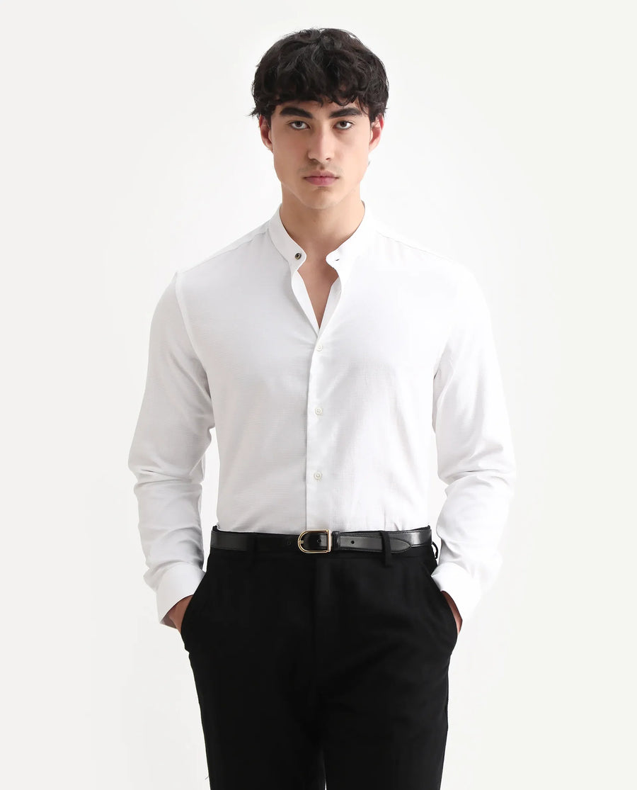 Rare Rabbit Men's Stellar White Cotton Checked Print Regular Fit Full Sleeve Mandarin Collar Shirt