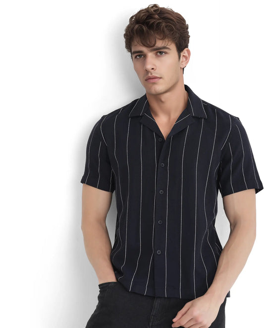 Rare Rabbit Men's Ste Navy Viscose Blend Striped Print Boxy Fit Half Sleeve Cuban Collar Shirt