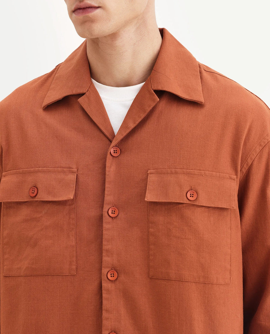 Rare Rabbit Men's Stenay Rust Cotton Blend Embroidered Regular Fit Full Sleeve Cuban Collar Shirt