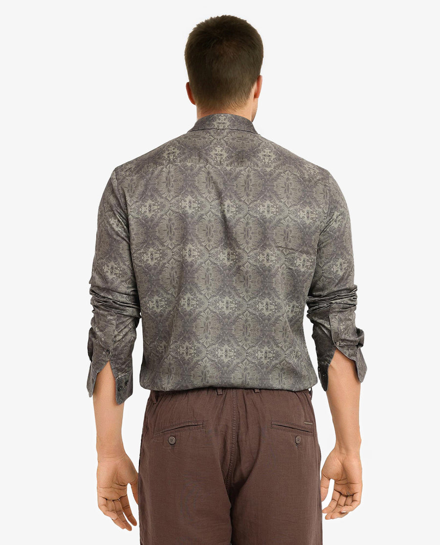 Rare Rabbit Men's Steno Dark Olive Cotton Decorative Print Regular Fit Full Sleeve Collared Shirt