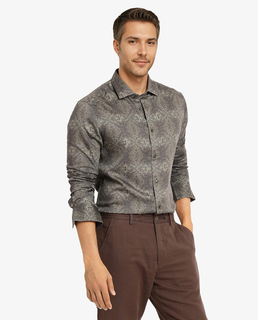 Rare Rabbit Men's Steno Dark Olive Cotton Decorative Print Regular Fit Full Sleeve Collared Shirt