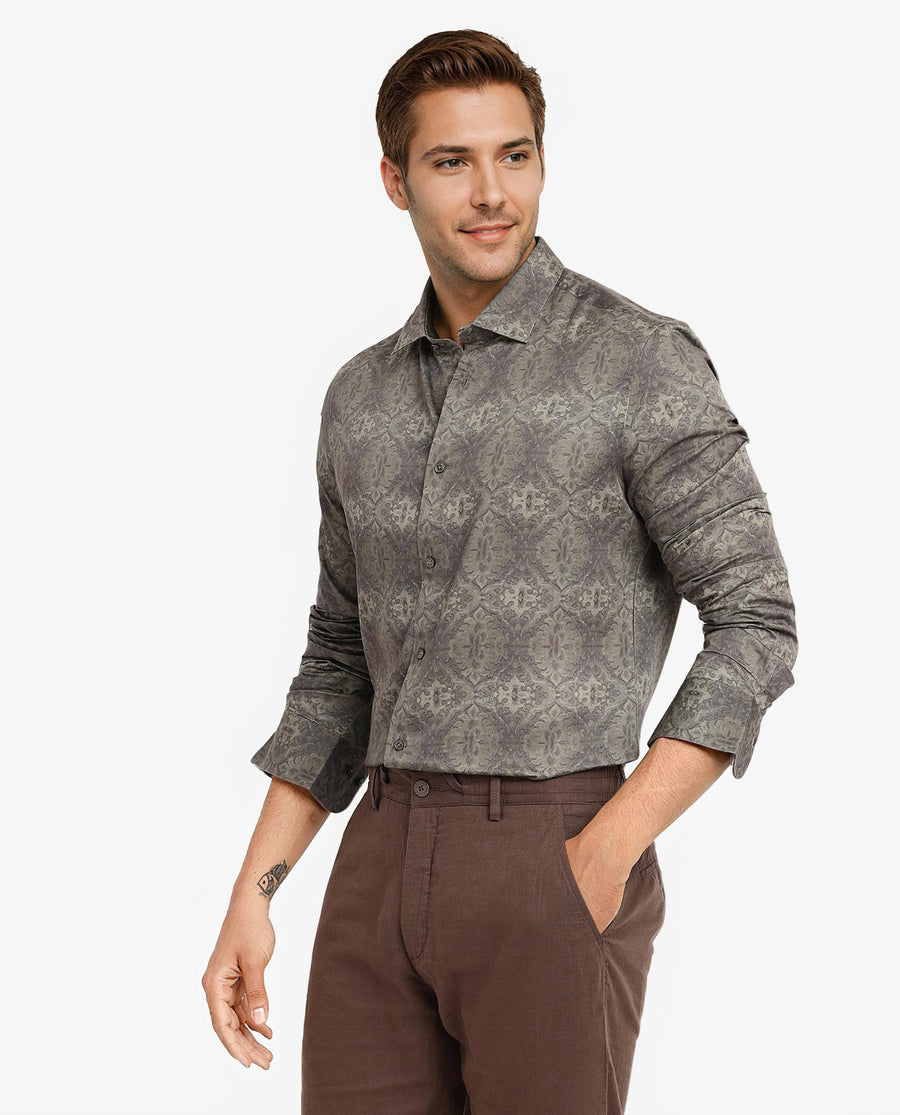 Rare Rabbit Men's Steno Dark Olive Cotton Decorative Print Regular Fit Full Sleeve Collared Shirt