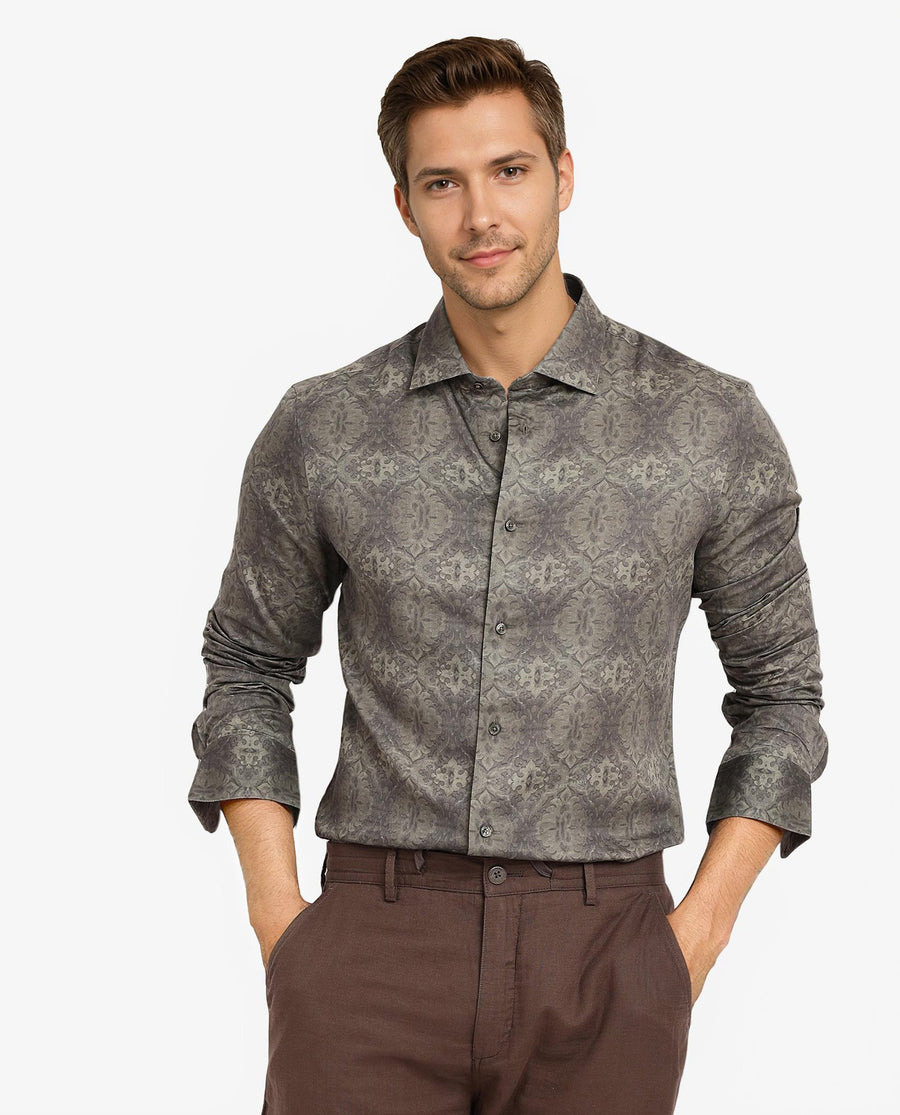 Rare Rabbit Men's Steno Dark Olive Cotton Decorative Print Regular Fit Full Sleeve Collared Shirt