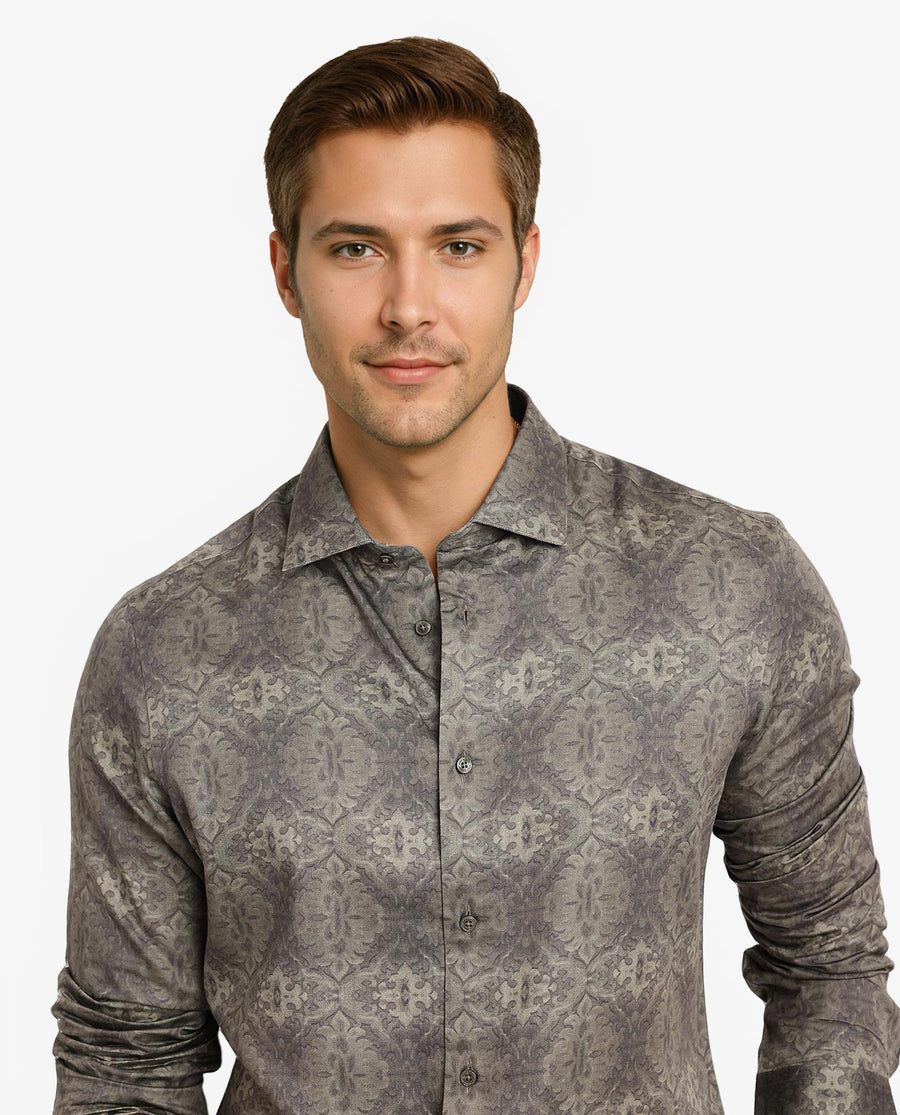Rare Rabbit Men's Steno Dark Olive Cotton Decorative Print Regular Fit Full Sleeve Collared Shirt