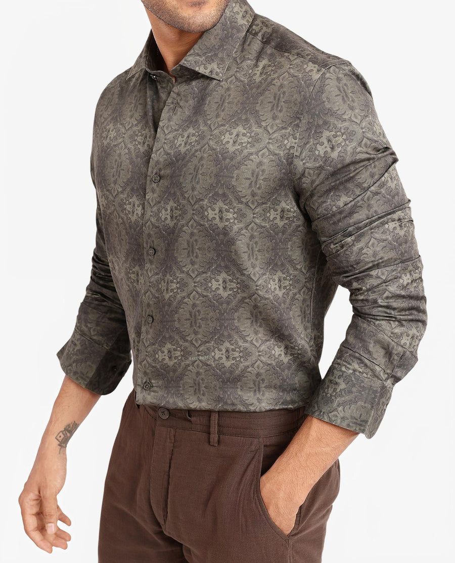 Rare Rabbit Men's Steno Dark Olive Cotton Decorative Print Regular Fit Full Sleeve Collared Shirt