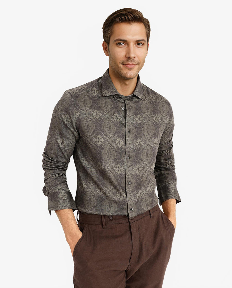 Rare Rabbit Men's Steno Dark Olive Cotton Decorative Print Regular Fit Full Sleeve Collared Shirt