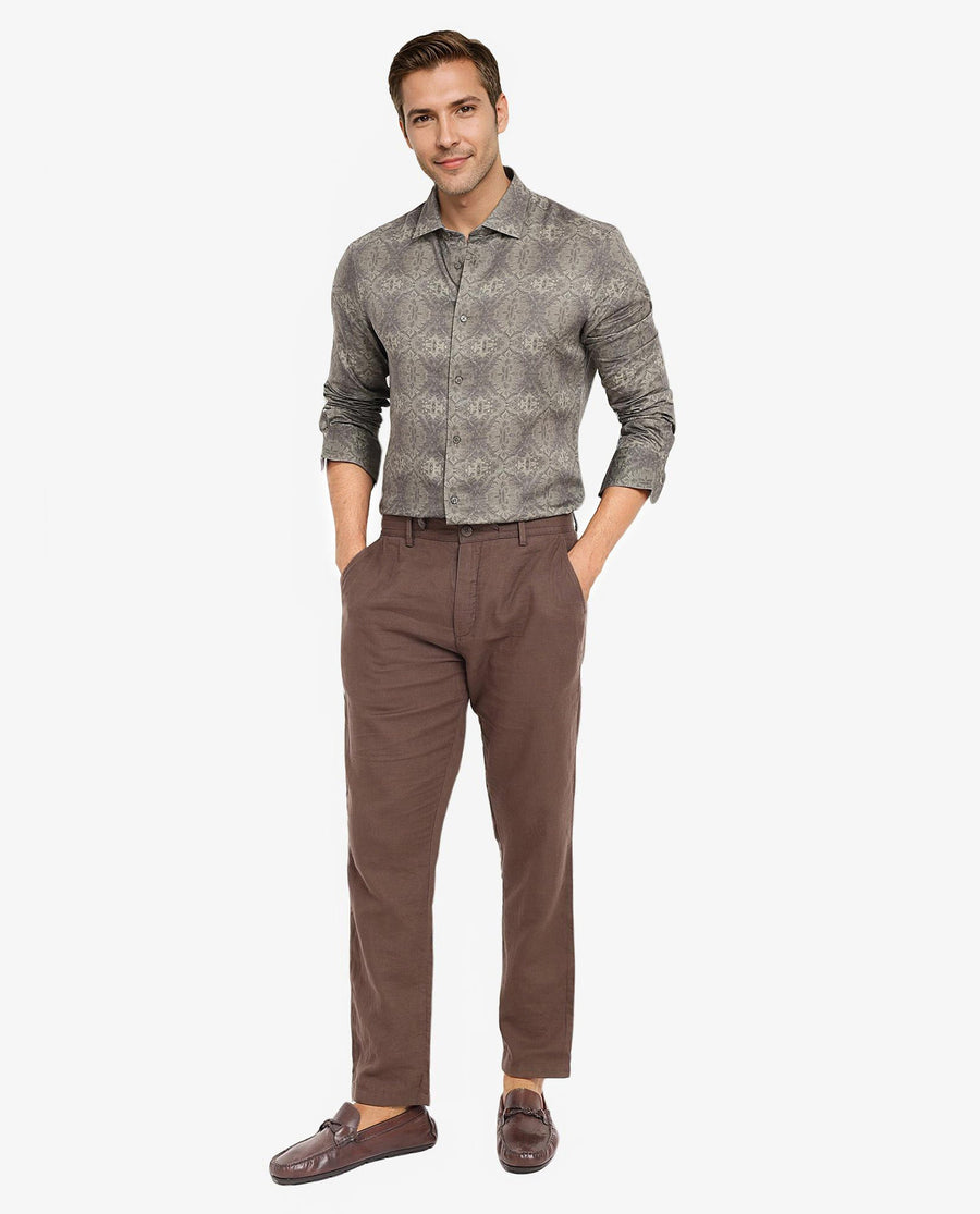 Rare Rabbit Men's Steno Dark Olive Cotton Decorative Print Regular Fit Full Sleeve Collared Shirt