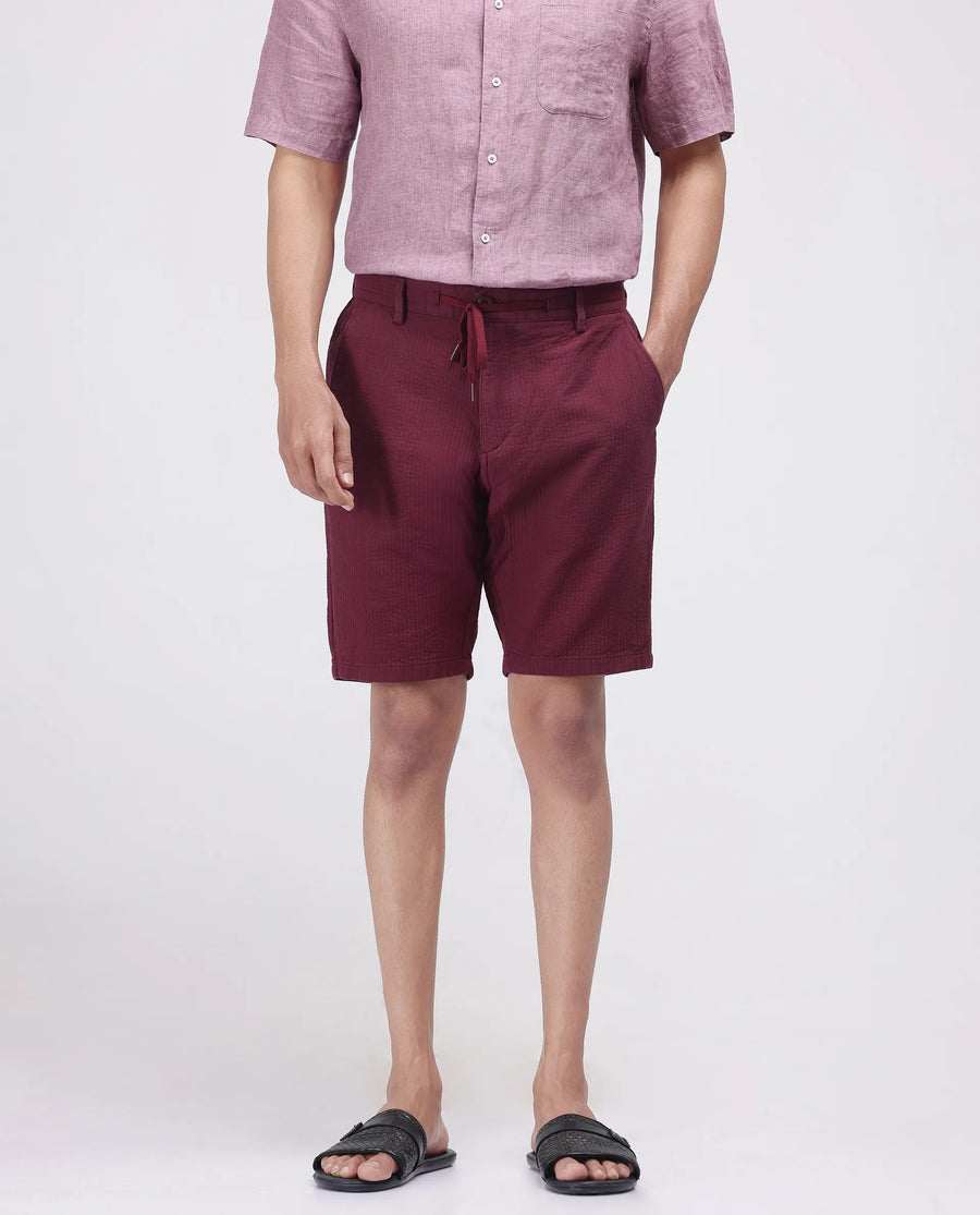 Rare Rabbit Men's Steo Maroon Cotton Blend Plain Relaxed Fit Shorts