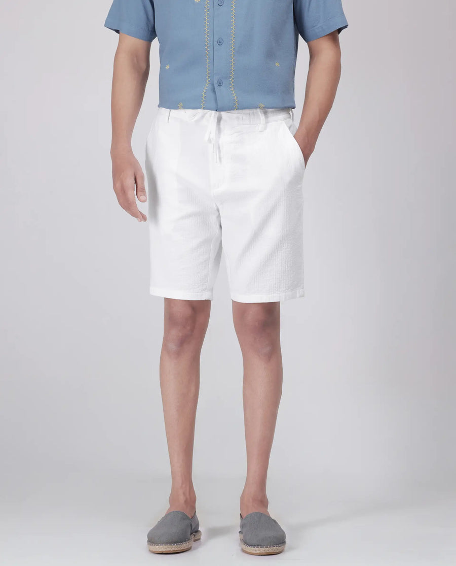 Rare Rabbit Men's Steo White Cotton Blend Plain Relaxed Fit Shorts
