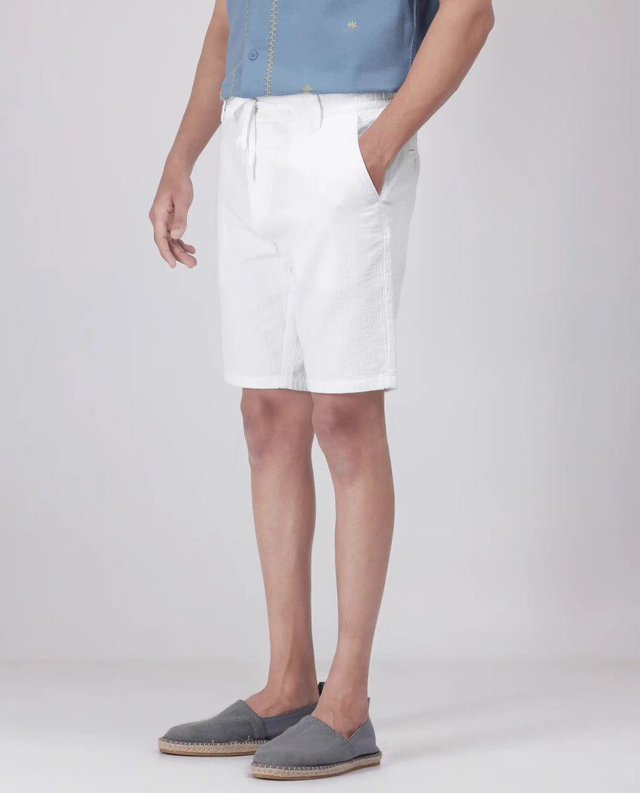 Rare Rabbit Men's Steo White Cotton Blend Plain Relaxed Fit Shorts