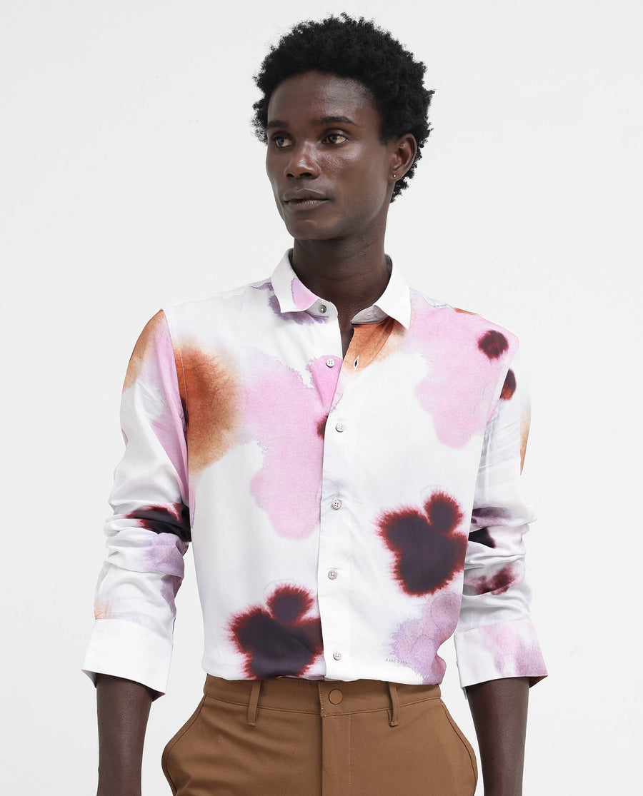 Rare Rabbit Men's Stereo Pink Viscose Floral Print Regular Fit Full Sleeve Collared Shirt