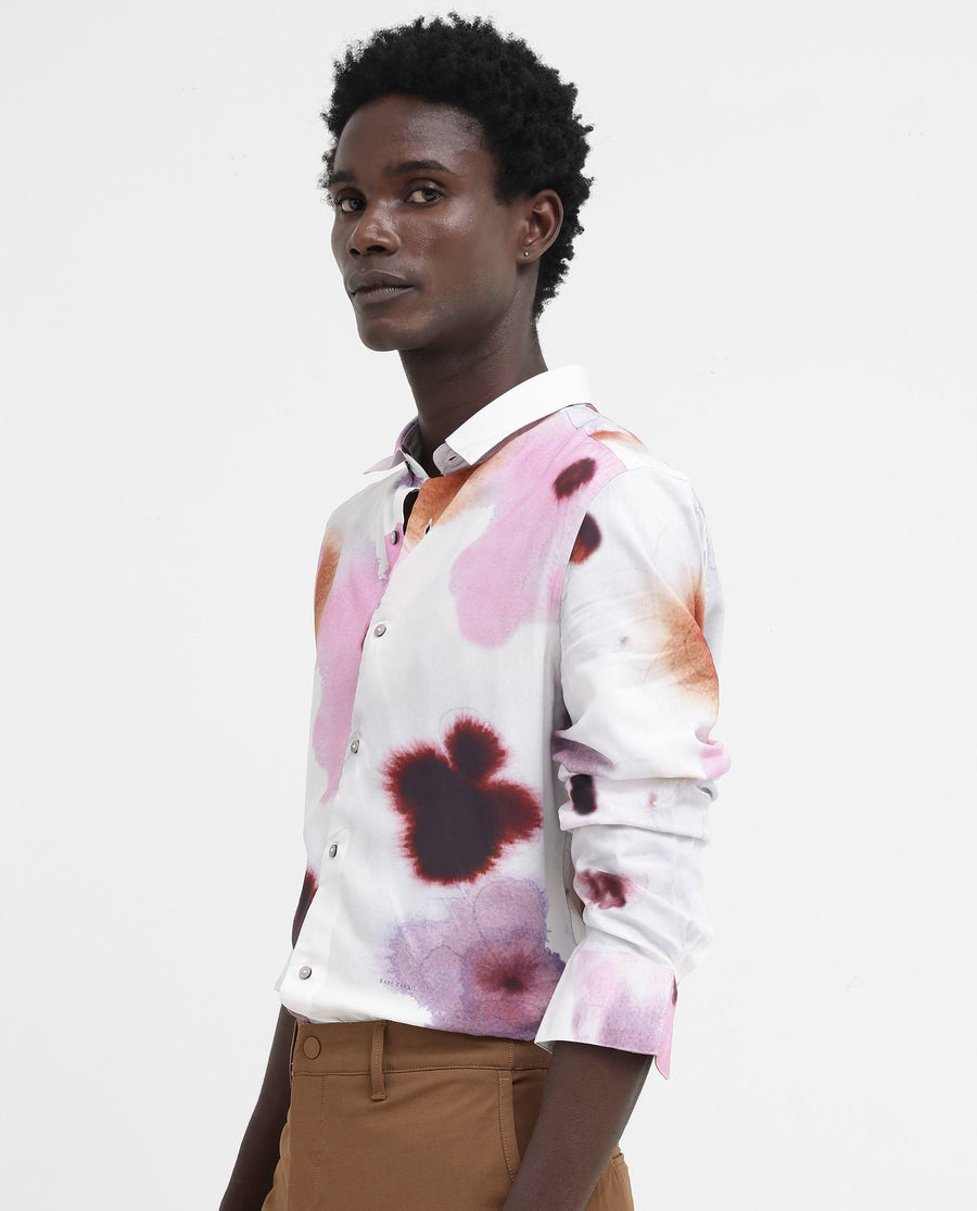 Rare Rabbit Men's Stereo Pink Viscose Floral Print Regular Fit Full Sleeve Collared Shirt