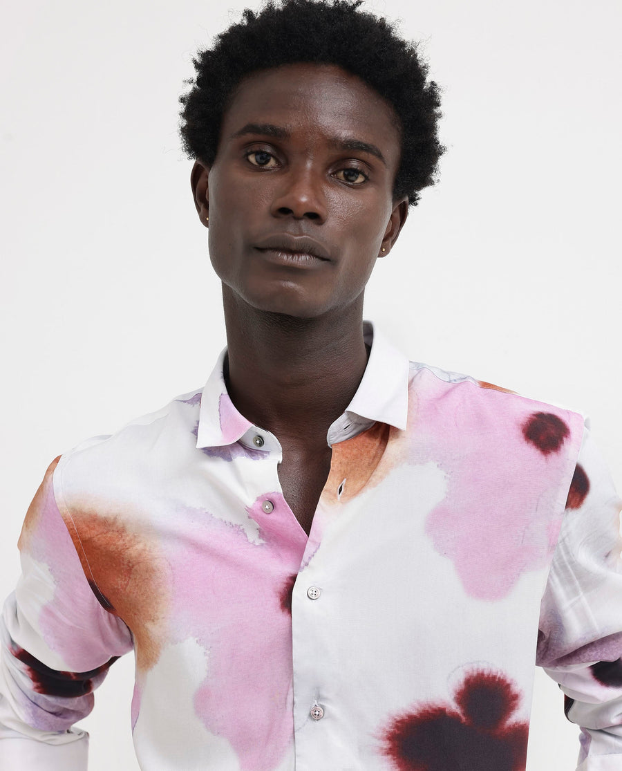 Rare Rabbit Men's Stereo Pink Viscose Floral Print Regular Fit Full Sleeve Collared Shirt