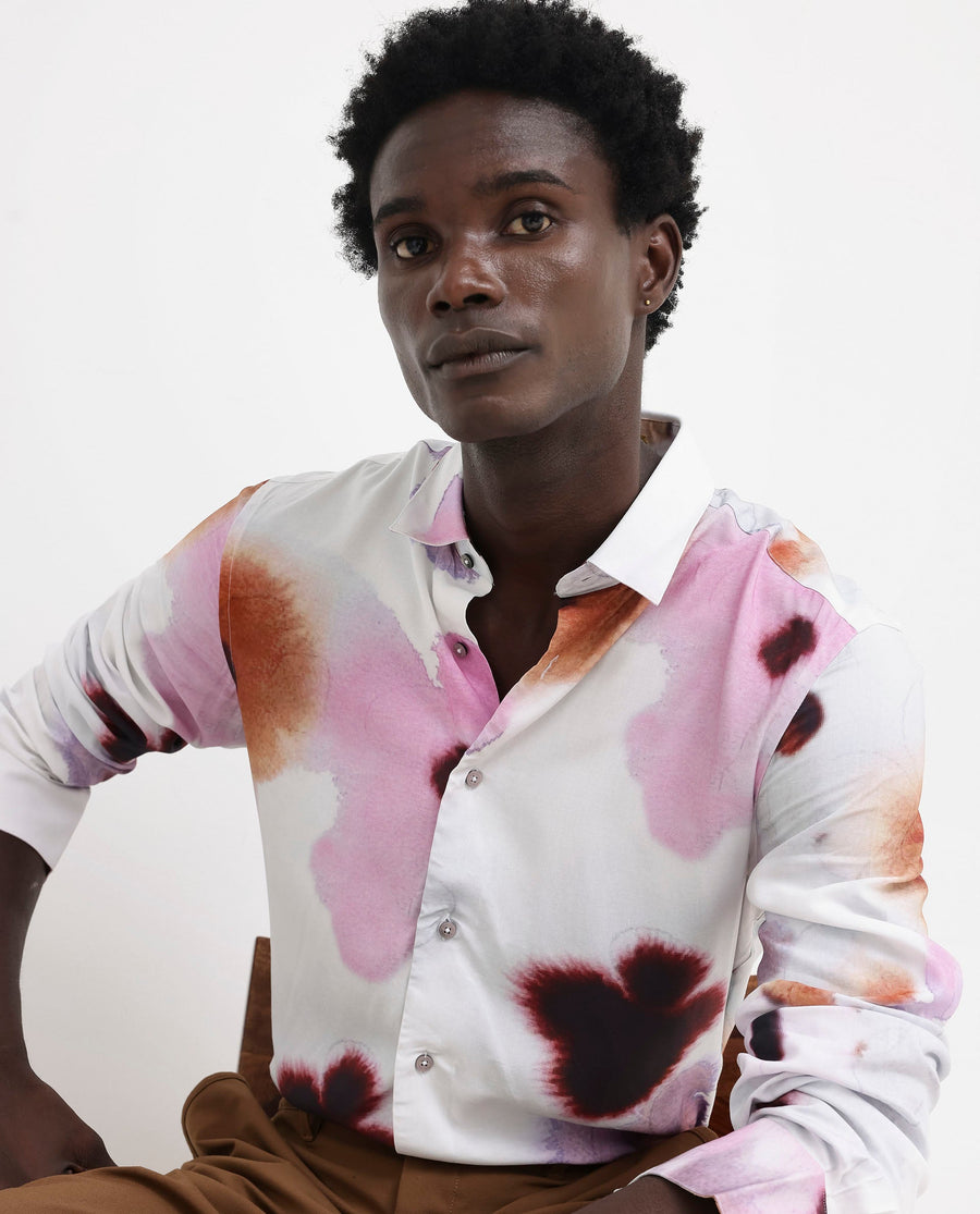 Rare Rabbit Men's Stereo Pink Viscose Floral Print Regular Fit Full Sleeve Collared Shirt