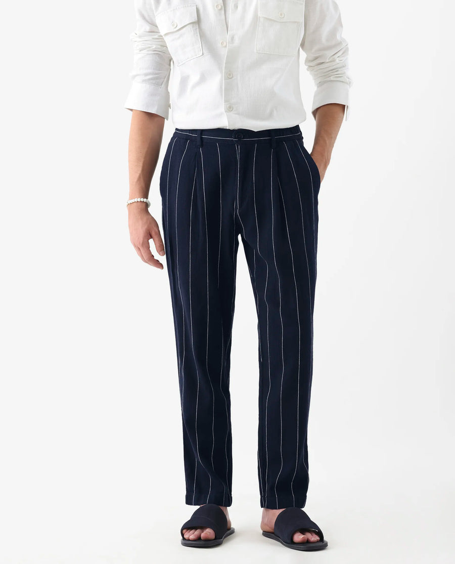 Rare Rabbit Men's Stet Navy Cotton Blend Striped Print Relaxed Fit Trouser