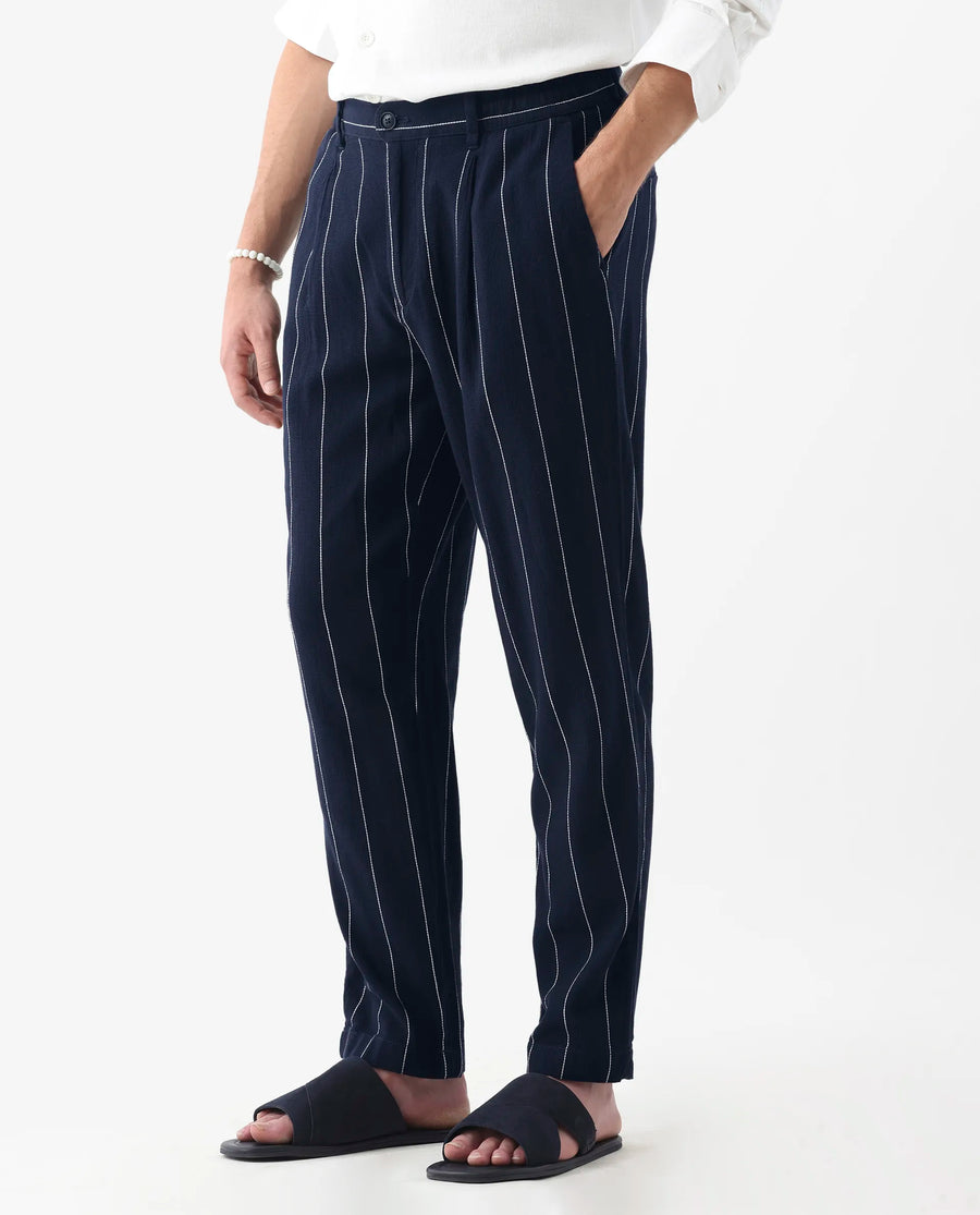 Rare Rabbit Men's Stet Navy Cotton Blend Striped Print Relaxed Fit Trouser
