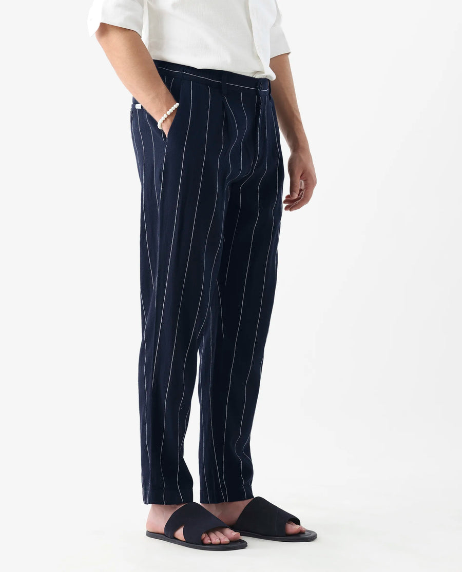 Rare Rabbit Men's Stet Navy Cotton Blend Striped Print Relaxed Fit Trouser