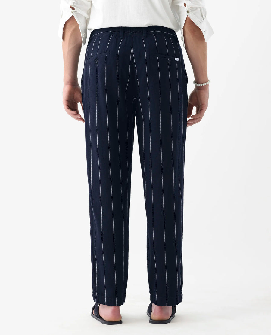 Rare Rabbit Men's Stet Navy Cotton Blend Striped Print Relaxed Fit Trouser