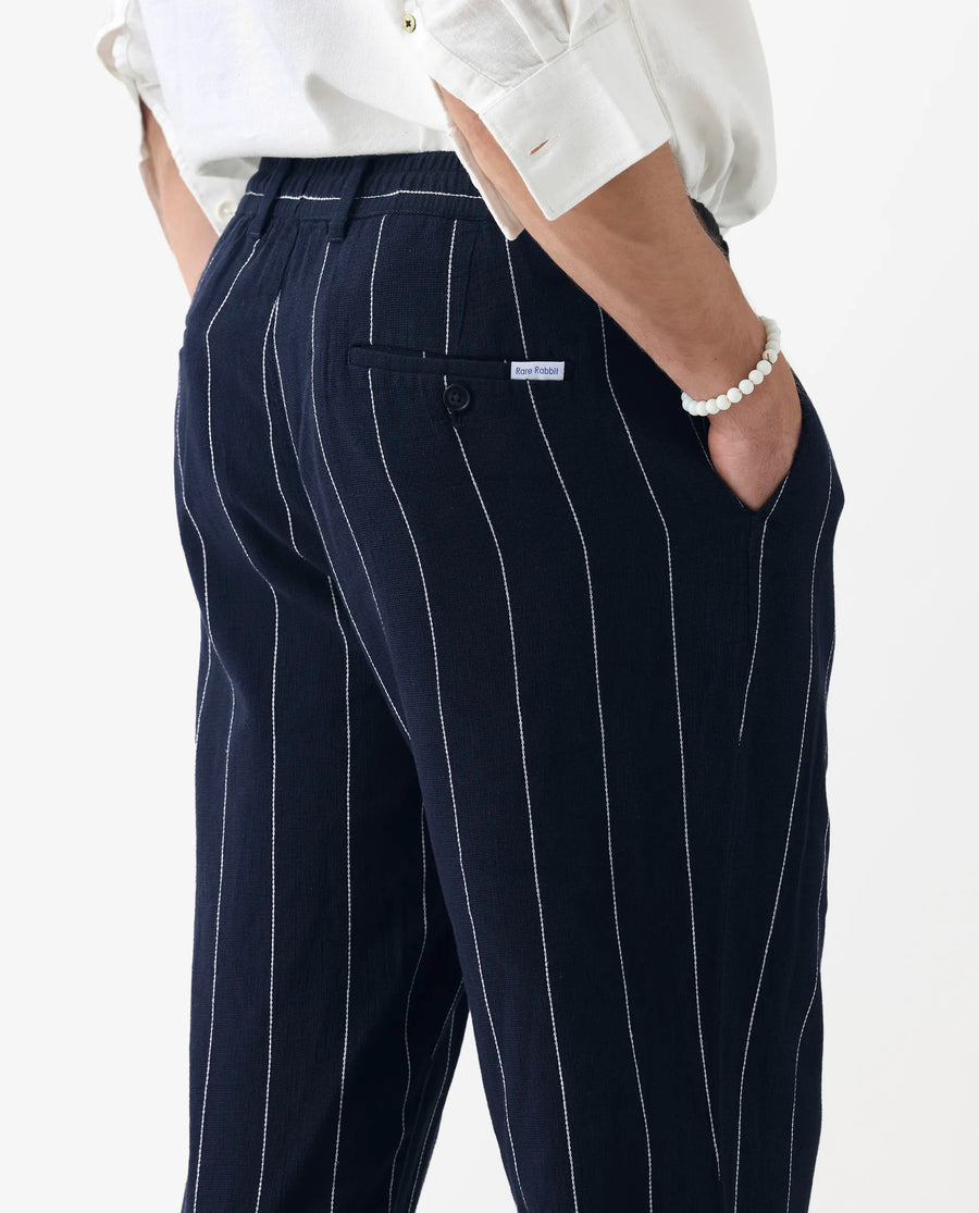 Rare Rabbit Men's Stet Navy Cotton Blend Striped Print Relaxed Fit Trouser