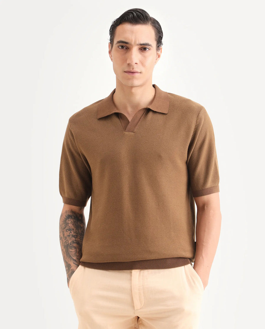 Rare Rabbit Men's Stir Brown Cotton Fabric Half Sleeve Regular Fit Textured Polo
