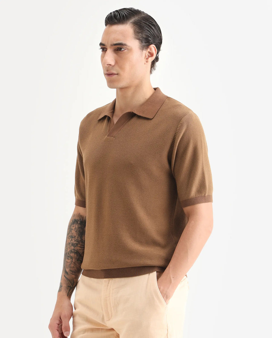 Rare Rabbit Men's Stir Brown Cotton Fabric Half Sleeve Regular Fit Textured Polo