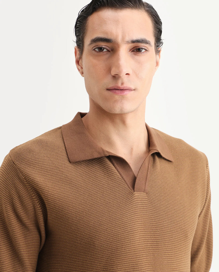 Rare Rabbit Men's Stir Brown Cotton Fabric Half Sleeve Regular Fit Textured Polo
