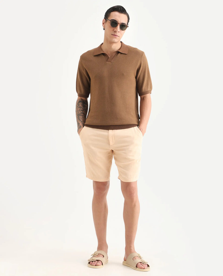 Rare Rabbit Men's Stir Brown Cotton Fabric Half Sleeve Regular Fit Textured Polo