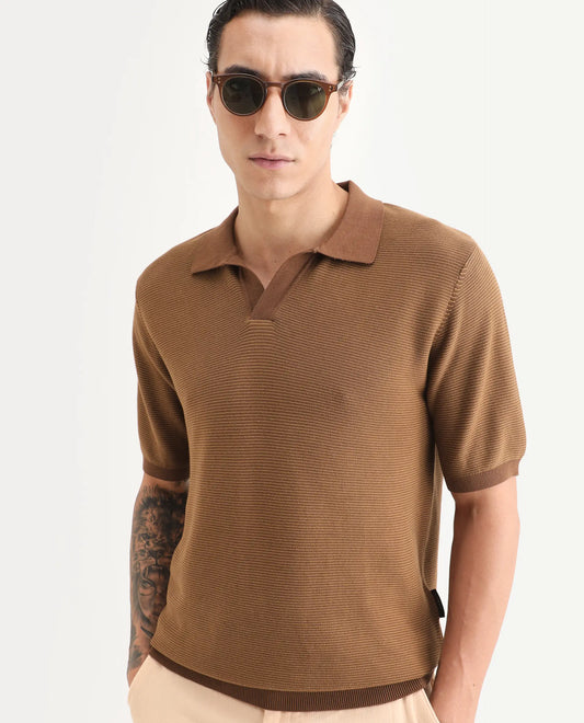 Rare Rabbit Men's Stir Brown Cotton Fabric Half Sleeve Regular Fit Textured Polo