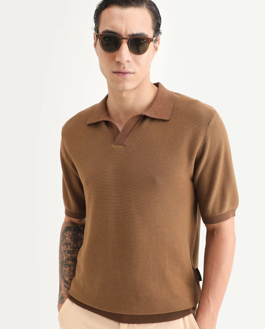 Rare Rabbit Men's Stir Brown Cotton Fabric Half Sleeve Regular Fit Textured Polo