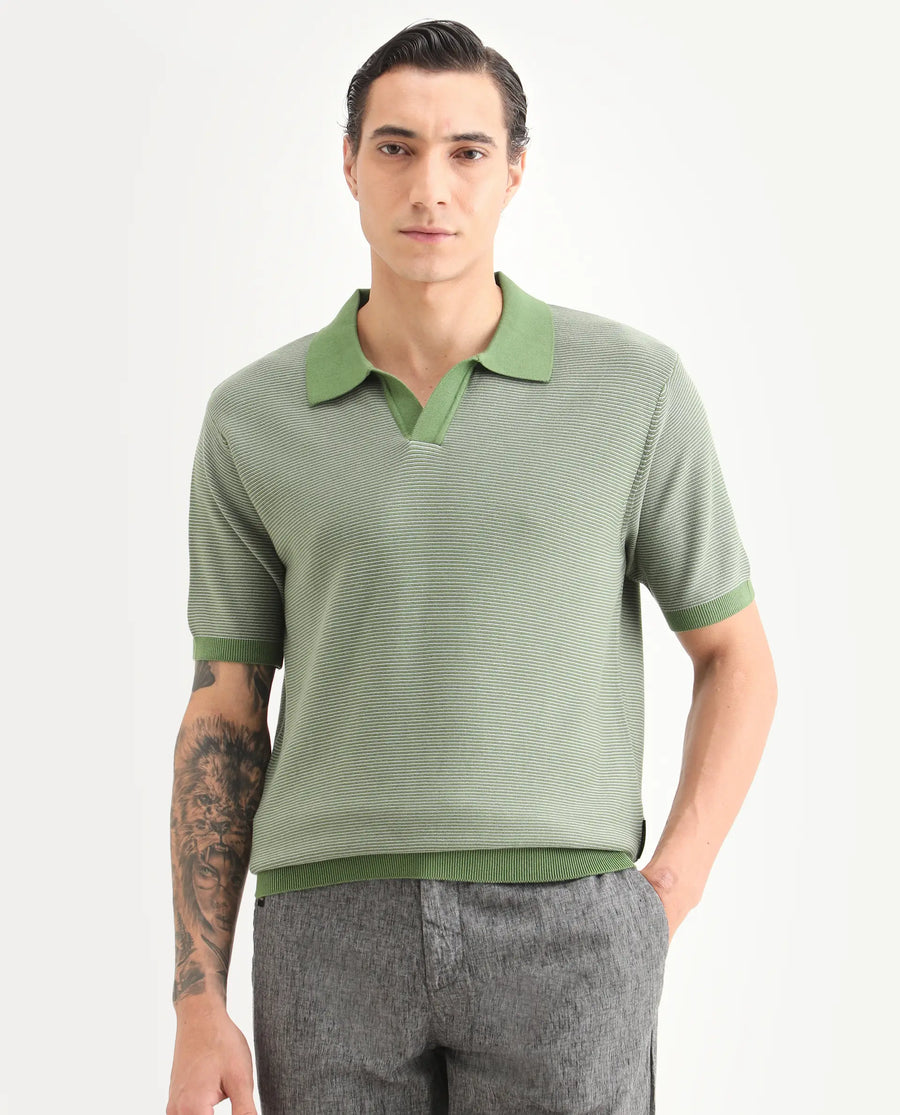 Rare Rabbit Men's Stir Green Cotton Fabric Half Sleeve Regular Fit Textured Polo