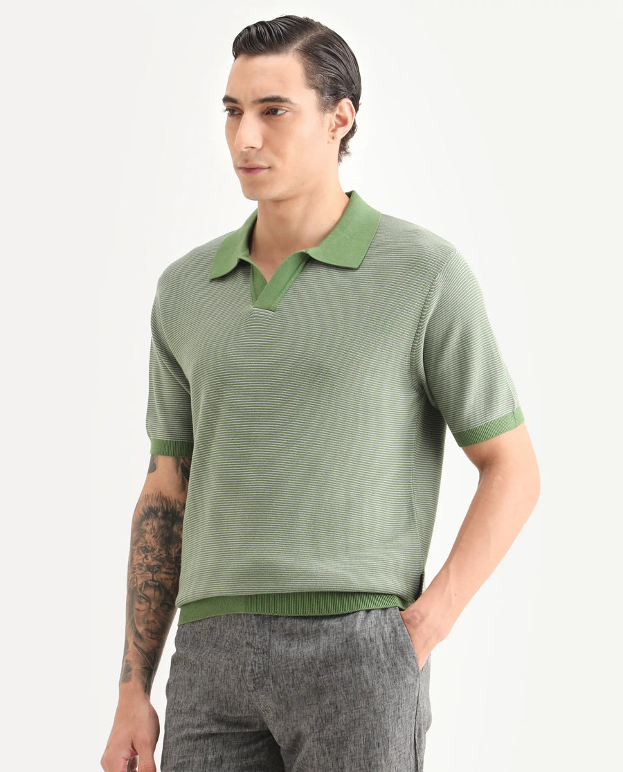 Rare Rabbit Men's Stir Green Cotton Fabric Half Sleeve Regular Fit Textured Polo