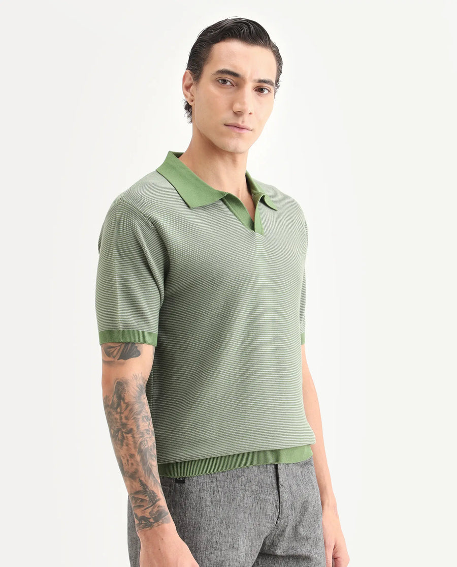 Rare Rabbit Men's Stir Green Cotton Fabric Half Sleeve Regular Fit Textured Polo