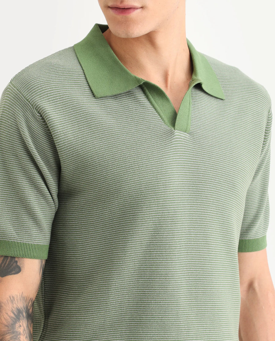 Rare Rabbit Men's Stir Green Cotton Fabric Half Sleeve Regular Fit Textured Polo