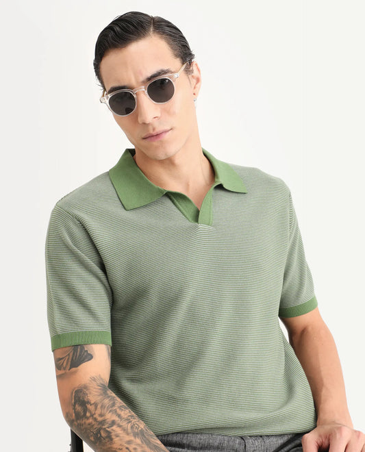 Rare Rabbit Men's Stir Green Cotton Fabric Half Sleeve Regular Fit Textured Polo