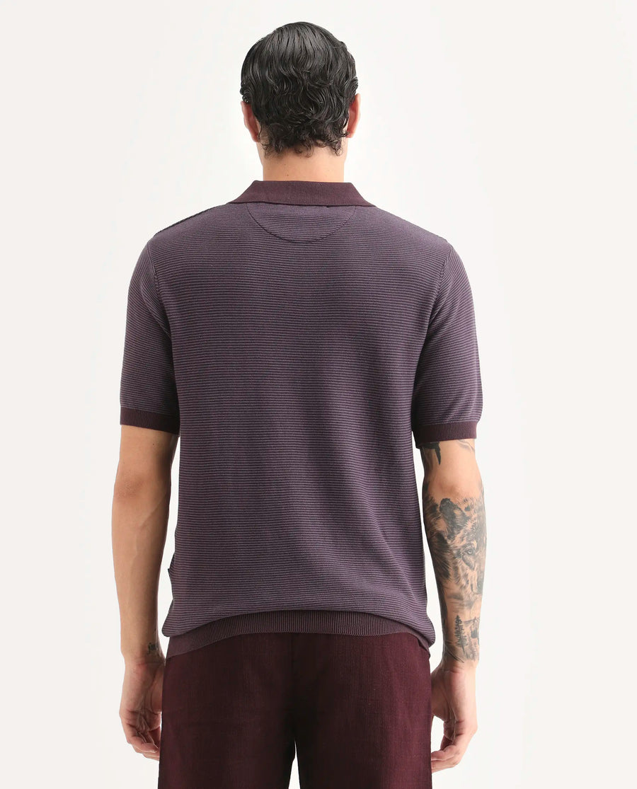 Rare Rabbit Men's Stir Dark Purple Cotton Fabric Half Sleeve Regular Fit Textured Polo