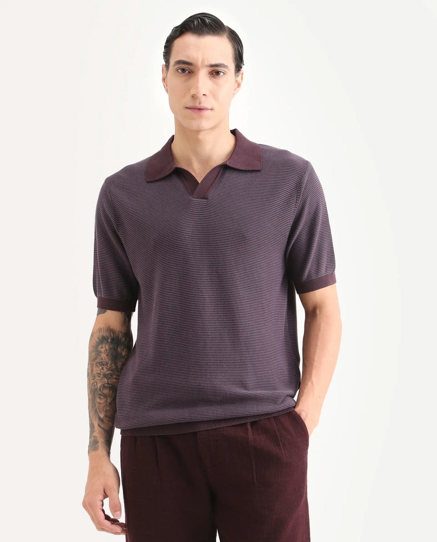 Rare Rabbit Men's Stir Dark Purple Cotton Fabric Half Sleeve Regular Fit Textured Polo