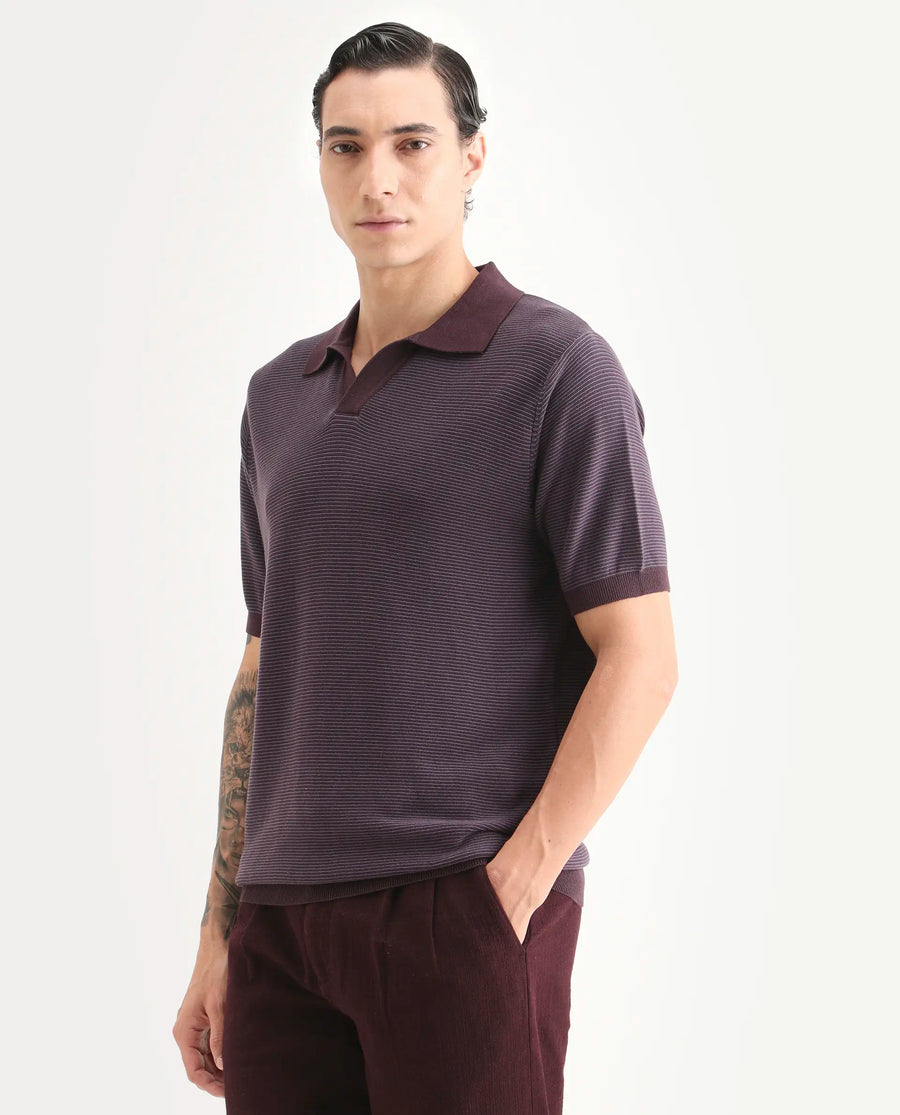Rare Rabbit Men's Stir Dark Purple Cotton Fabric Half Sleeve Regular Fit Textured Polo
