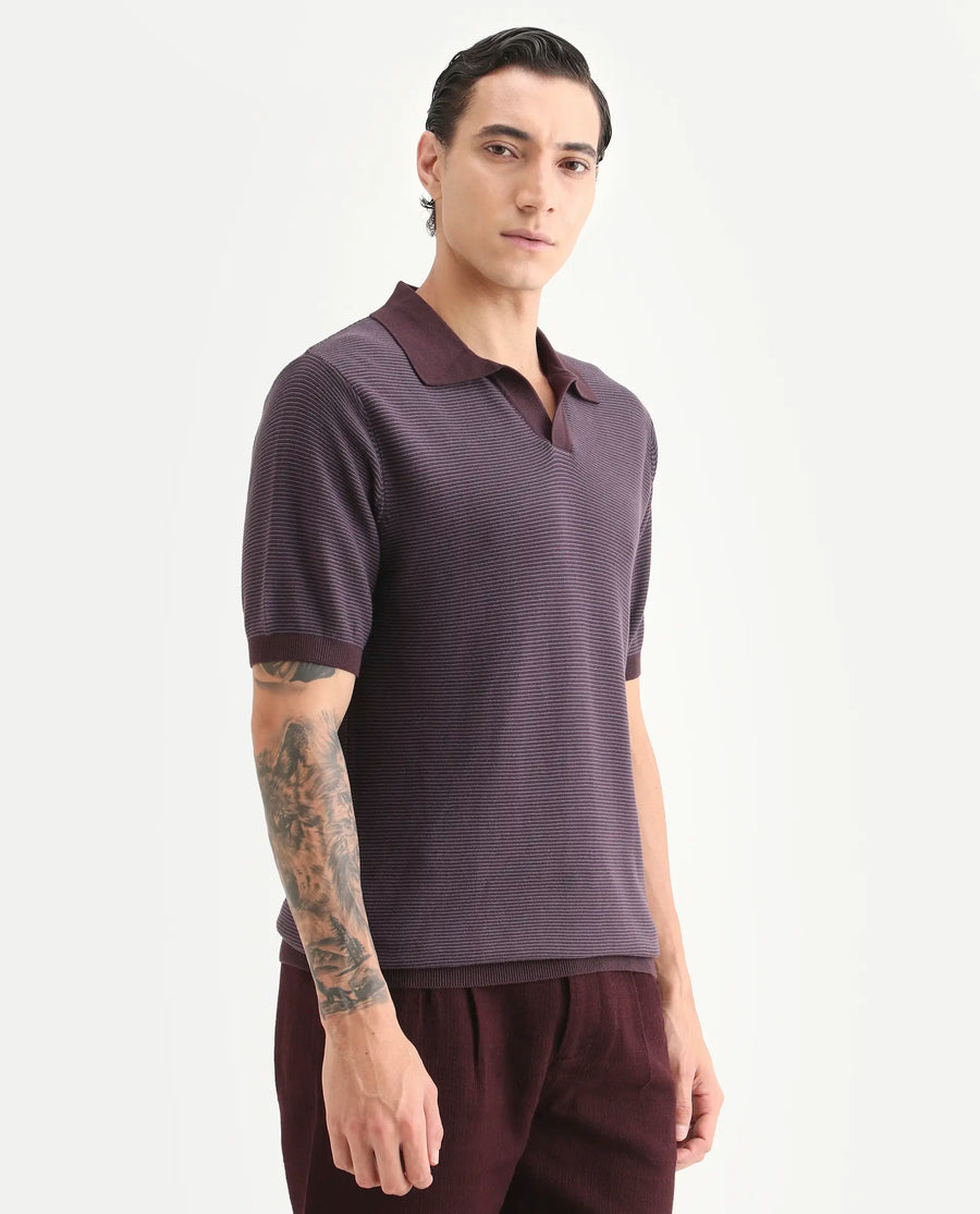 Rare Rabbit Men's Stir Dark Purple Cotton Fabric Half Sleeve Regular Fit Textured Polo