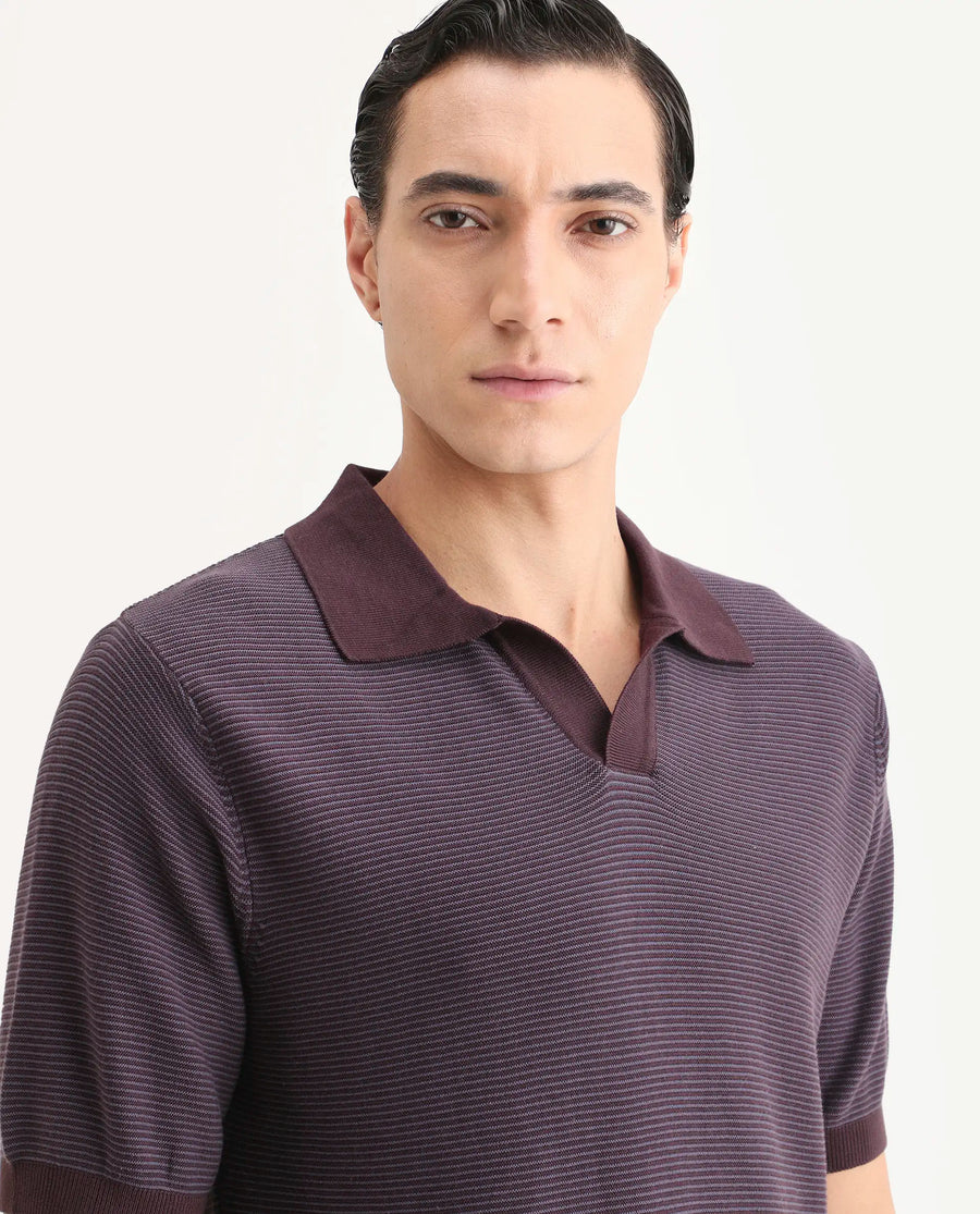Rare Rabbit Men's Stir Dark Purple Cotton Fabric Half Sleeve Regular Fit Textured Polo