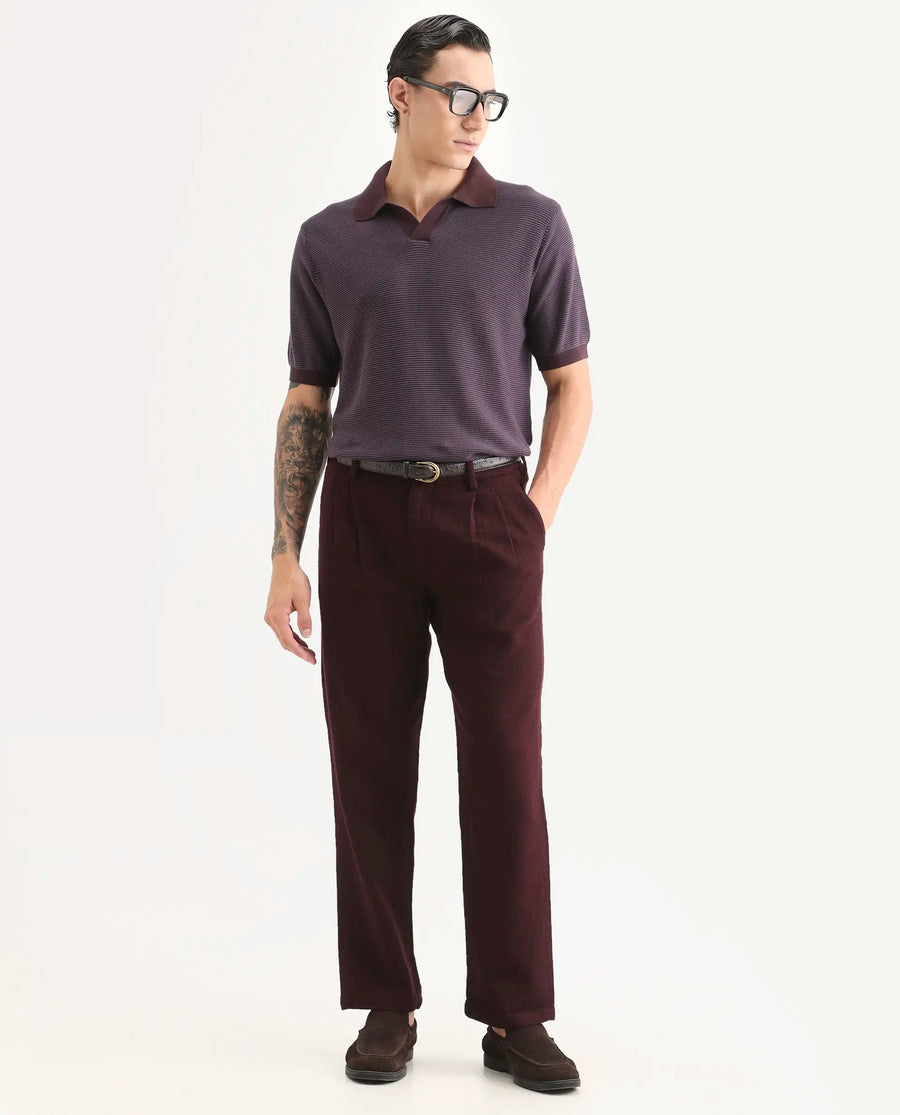 Rare Rabbit Men's Stir Dark Purple Cotton Fabric Half Sleeve Regular Fit Textured Polo