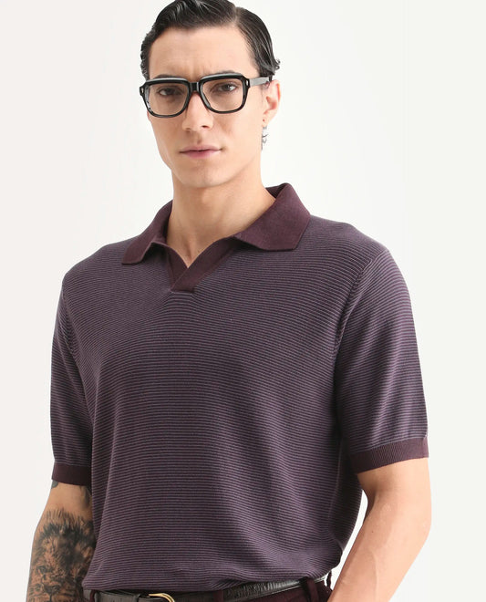 Rare Rabbit Men's Stir Dark Purple Cotton Fabric Half Sleeve Regular Fit Textured Polo