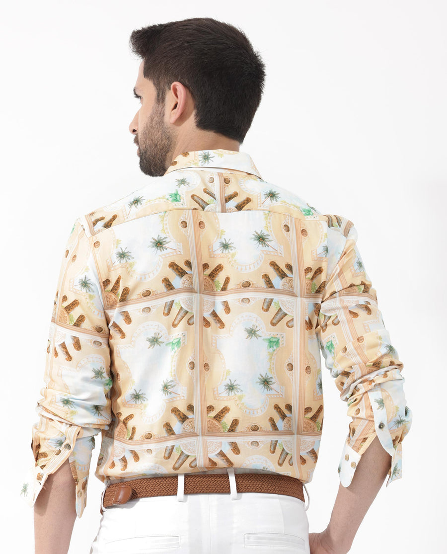 Rare Rabbit Men's Stivole Beige Viscose Tropical Print Regular Fit Full Sleeve Collared Shirt