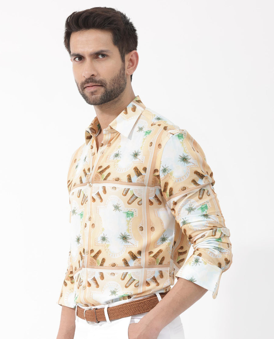 Rare Rabbit Men's Stivole Beige Viscose Tropical Print Regular Fit Full Sleeve Collared Shirt