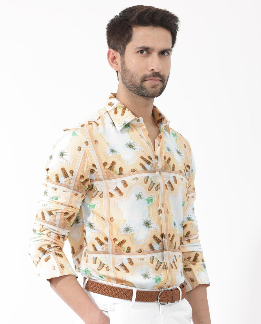 Rare Rabbit Men's Stivole Beige Viscose Tropical Print Regular Fit Full Sleeve Collared Shirt