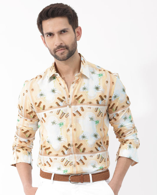 Rare Rabbit Men's Stivole Beige Viscose Tropical Print Regular Fit Full Sleeve Collared Shirt
